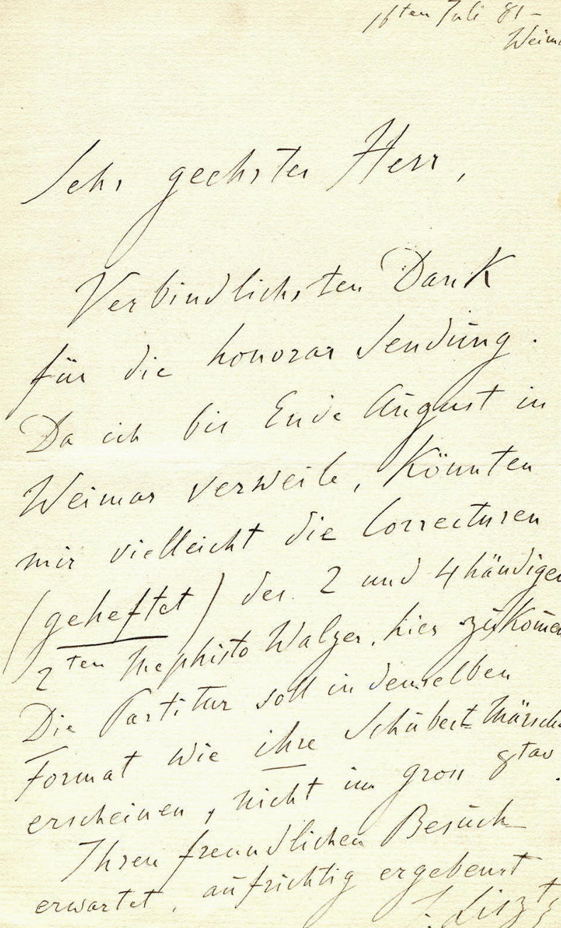 Handgeschreven brief van Franz Liszt, Weimar, 16 juli 1881